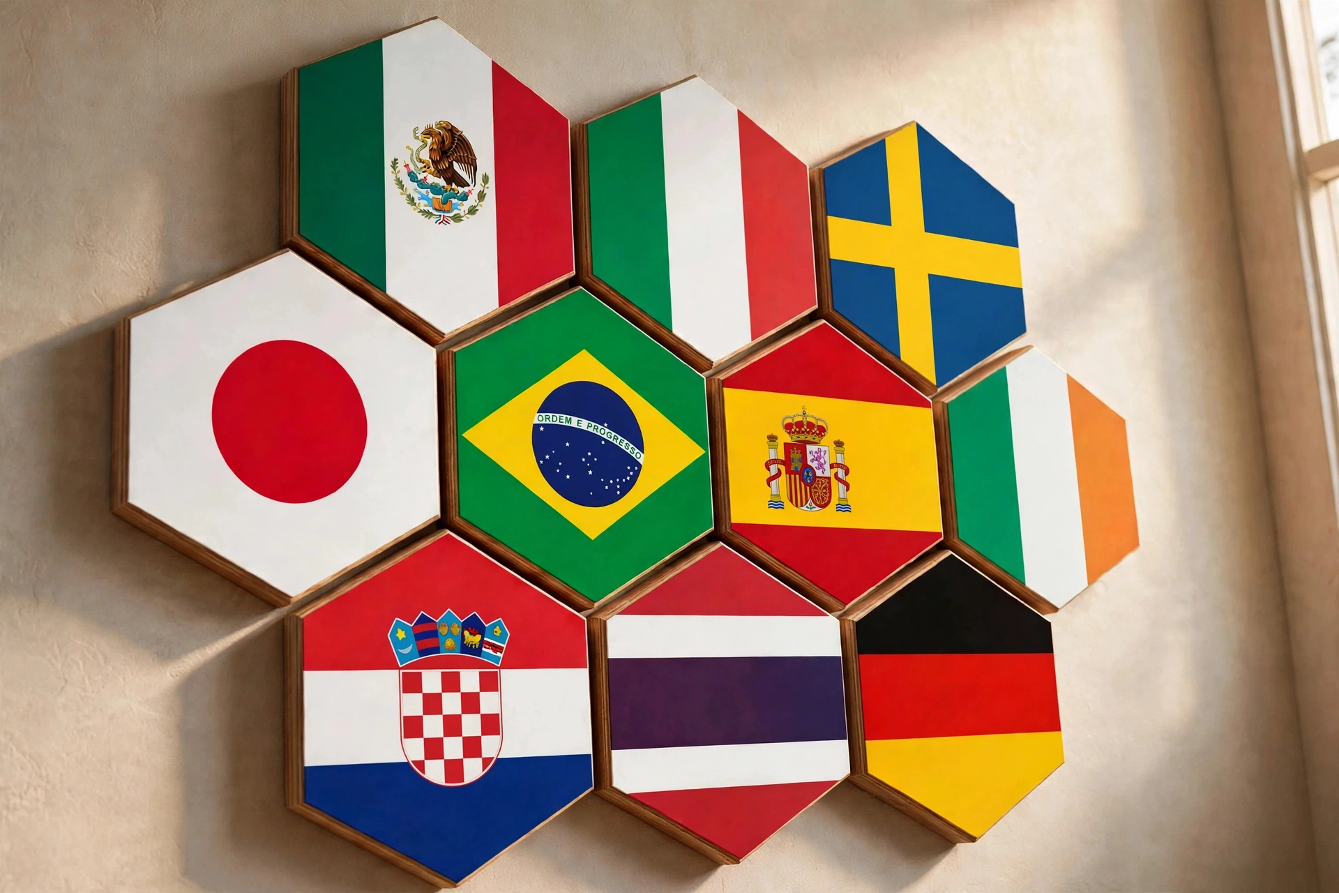 Honeycomb cluster of wooden hexagon flag tiles on a wall