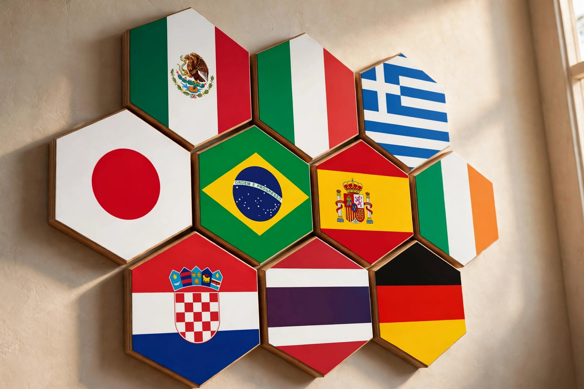 Honeycomb cluster of wooden hexagon flag tiles on a wall